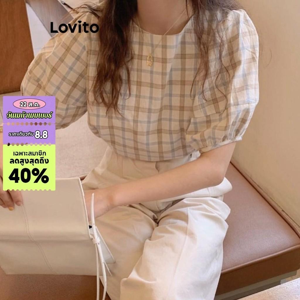 Lovito เสื้อเบลาส์ผู้หญิง ลายตาราง เรขาคณิต สไตล์ลำลอง LNE56357