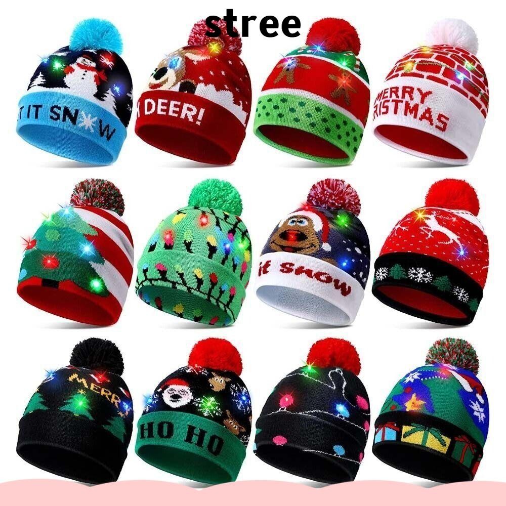 Stree LED หมวกคริสต์มาส, หมวกบีนนี่ Light Up, หมวกถักเสื้อกันหนาวสีสันสดใสคริสต์มาส