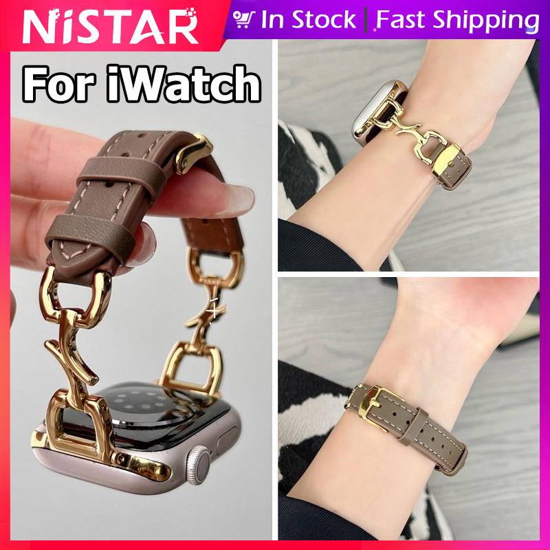 Nistar หนังแท้โลหะเสี้ยวสายคล้องคอสําหรับ Apple watch
