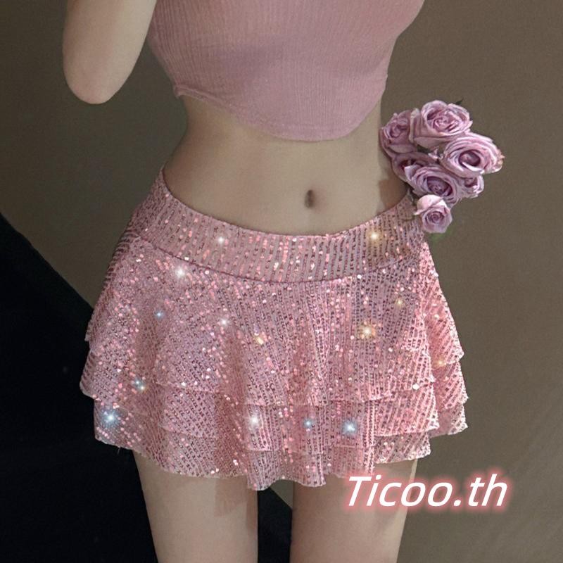 กระโปรงสตรี Summer Cute Layered Ruffled Sparkly Sequins Flowy Mini Short Skirt