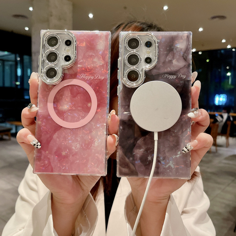 เคสโทรศัพท์แบบแม่เหล็กลายเปลือกหอยเกาหลีสำหรับ Samsung S25 Ultra S24 S23 Ultra Plus ปกป้องเลนส์แวววาว IMD แข็งกันกระแทก ชาร์จไร้สาย