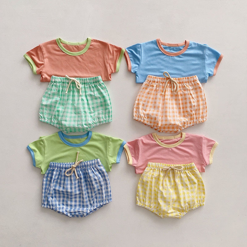 Ins Style Childrens Summer Fresh Ice Cream Plaid Set Color-Block Stylish Baby Set Boys and Girls Baby Clothes