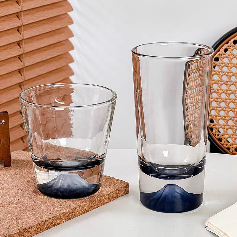 !พร้อมส่ง แก้วใสลวดลายฟูจิ ดีไซด์สวยงาม ความจุ 350 ML