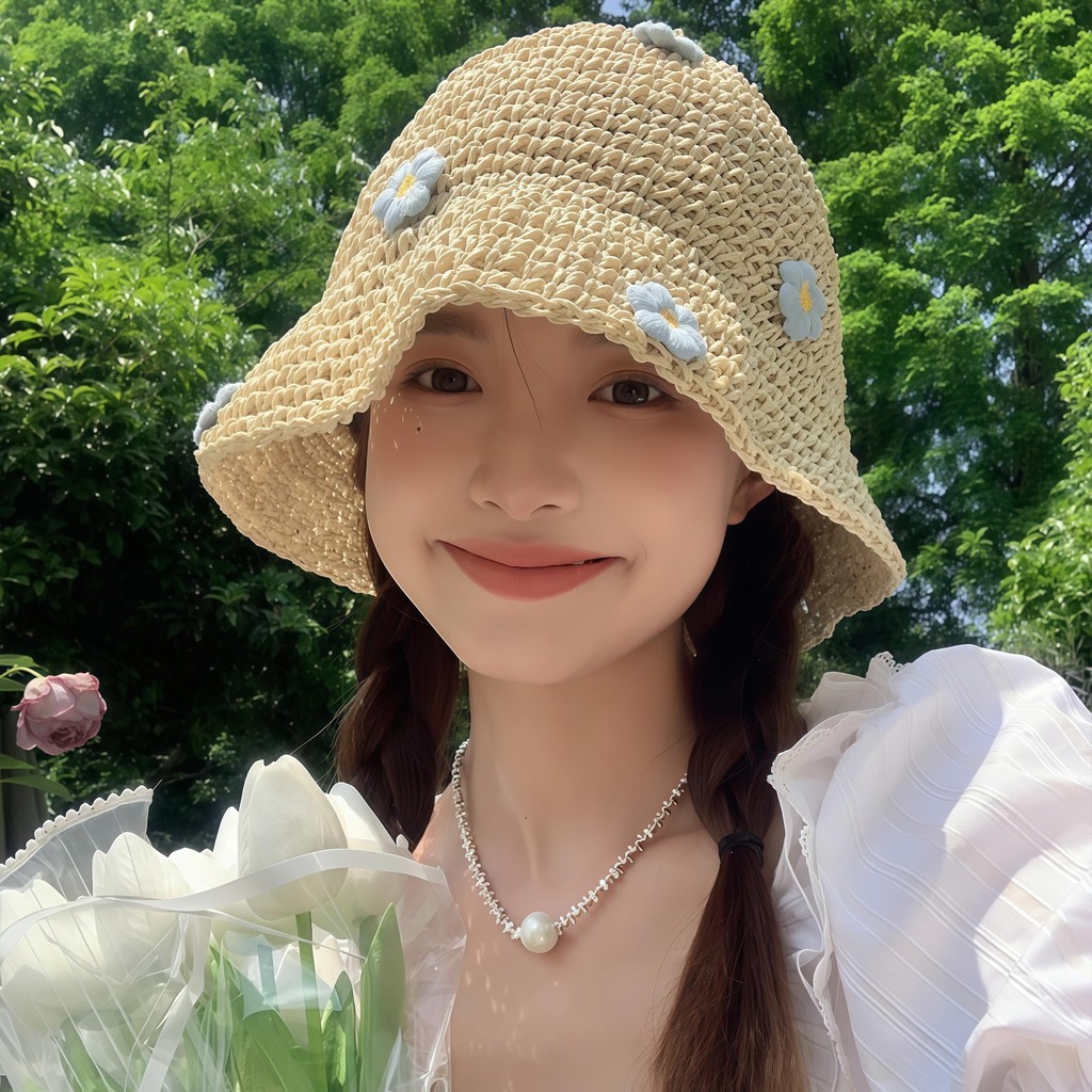 หมวก ลวดลายดอกไม้🌼 การทอแบบกลวง หวานและน่ารัก💕 สไตล์อภิบาล หมวกบักเก็ตฟาง
