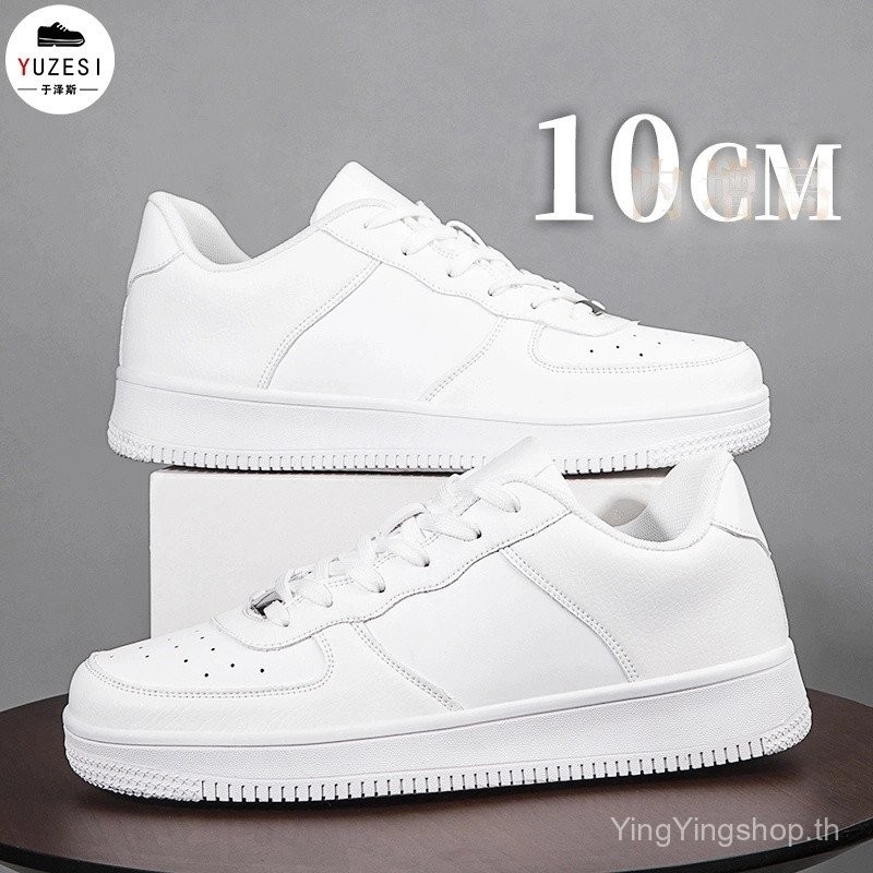 รองเท้าเพิ่มความสูงแบบมองไม่เห็นสีขาวสำหรับผู้ชาย 10 ซม. สไตล์เกาหลี รองเท้าผ้าใบขนาดใหญ่แบบโลว์ท็อป รองเท้าสบายๆ สีขาว สำหรับผู้ชาย