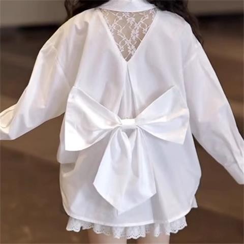 เสื้อเชิ้ตแขนยาวเด็กผู้หญิงสีขาว2025ฤดูใบไม้ผลิเสื้อเชิ้ตสไตล์เจ้าหญิงสำหรับเด็กผู้หญิงโบว์สไตล์ตะวันตกสีขาว4.7