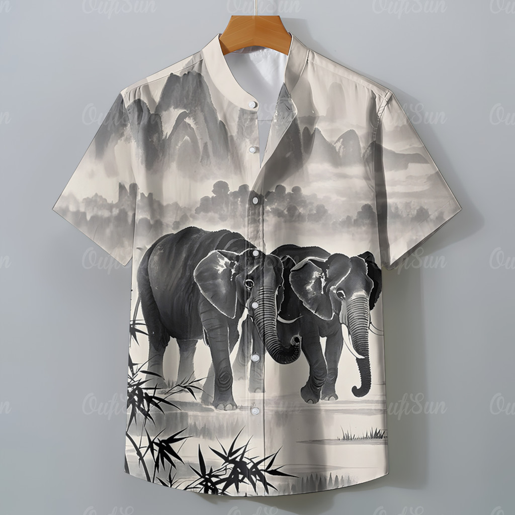 เสื้อฮาวายลายช้างไทยในหมึกสีเทาผ้าเรย่อนนิ่มใส่สบายเหมาะกับชุดลําลองทุกวัน