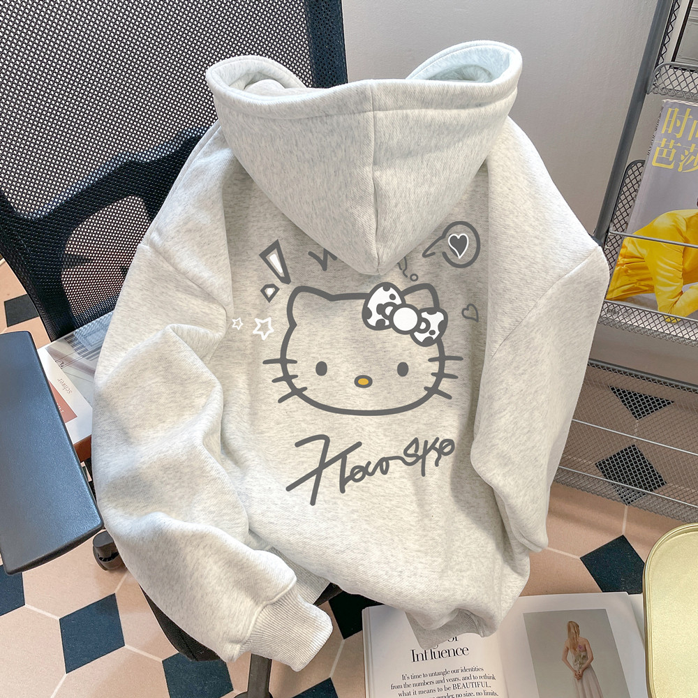 American Retro HelloKitty Hoodie ผู้หญิงฤดูใบไม้ร่วง/ฤดูหนาวอเนกประสงค์หวานสไตล์วิทยาลัย Plush Coat