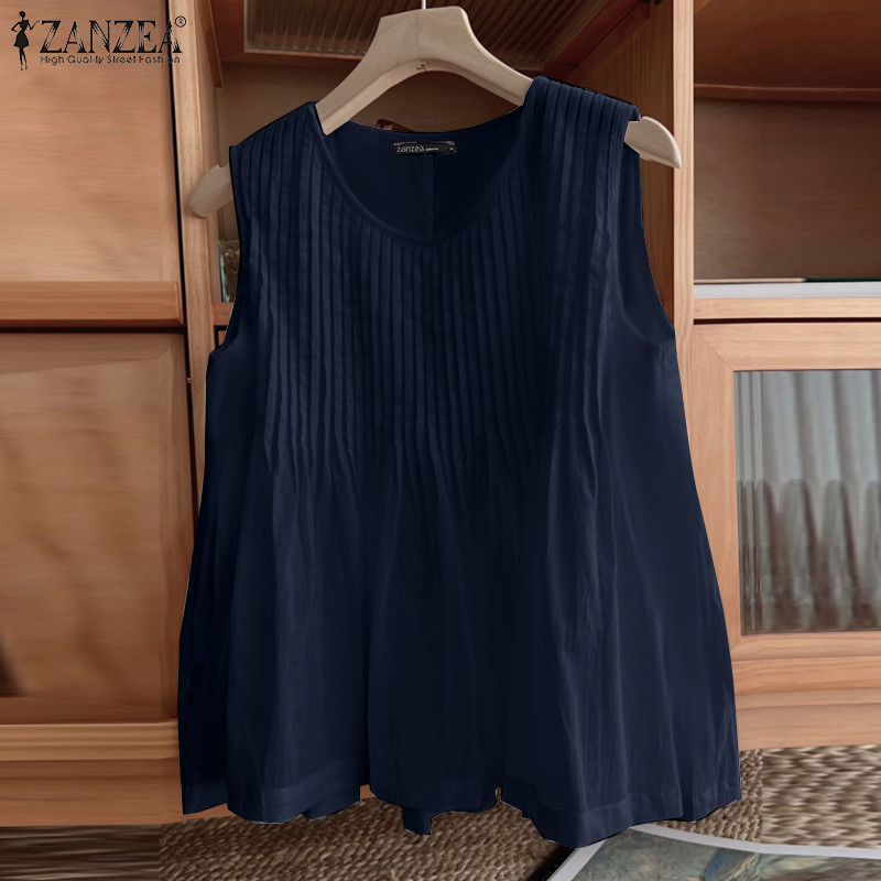 ZANZEA ซานเซีย ผู้หญิงฤดูร้อนเกาหลีลําลองจีบคอวีแขนกุดหลวมถัง - รูปที่ 3