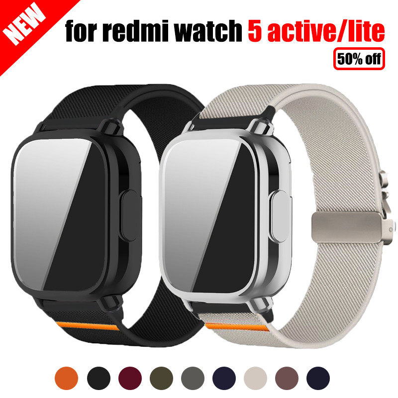 สายรัดไนลอน + TPU สําหรับ Redmi Watch 5 Active/Lite Full Protector ฝาครอบหน้าจอ Breathable สร้อยข้อมือยืดหยุ่นร่มชูชีพหัวเข็มขัดสําหรับ Redmi Watch 5 Lite