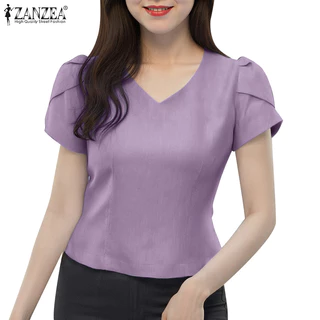 ZANZEA ผู้หญิงเกาหลี Elegant V คอกลีบแขนสีทึบเสื้อไม่สม่ําเสมอ