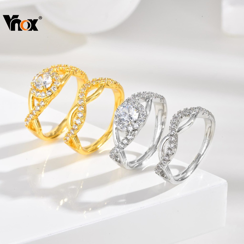 Vnox Zircon Cubic Twist ชุดสองชิ้นแหวนแต่งงานสําหรับผู้หญิง,Gold Plated Hypoallergenic Engaged แหวนชุด,แฟชั่นเครื่องประด