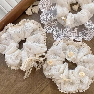 ลูกไม้ Scrunchy Hair Tie ครีมลูกไม้สีขาว Fairy Head ดอกไม้