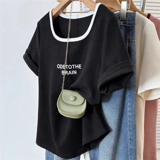 Oversize Tops(40-125kg) ผู้หญิง Plus ขนาดแขนสั้น U คอเสื้อยืดพิมพ์แฟชั่นหลวมเสื้อยืด