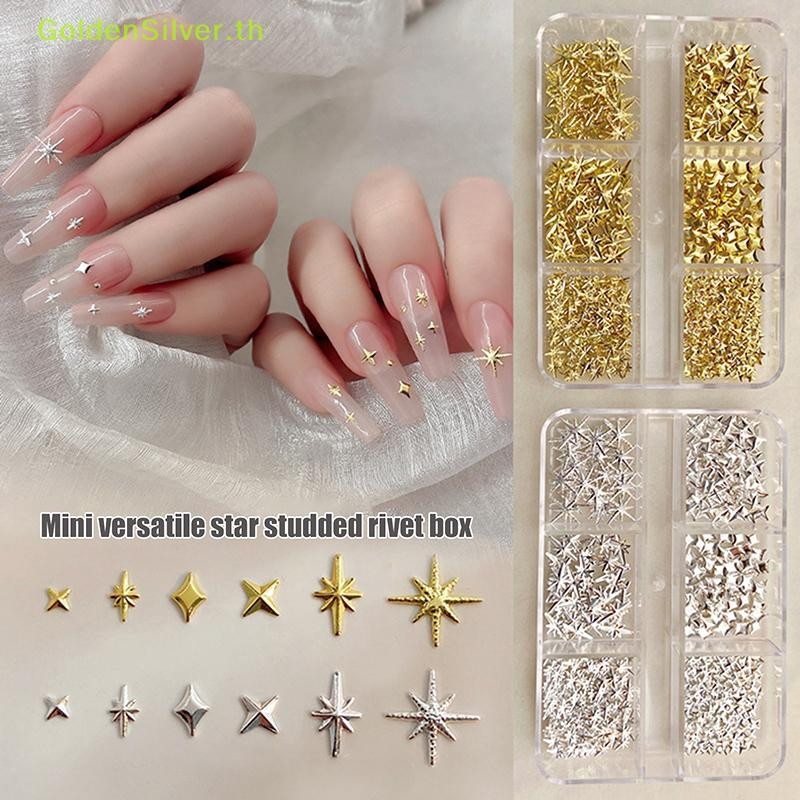 GoldenSilver 6 กริดเมทัลลิคทองเงินเล็บ Rhinestones Decor เล็บ Charms Flatback Starburst Pentagrams อัญมณีเล็บอุปกรณ์เสริม TH