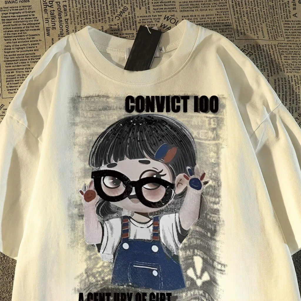 TeddyTee ️เสื้อสาวอวบ-เสื้อยืด oversize สวมใส่สบาย ลายพิมพ์ “CONVICT GIRL” สไตล์เกาหลี  ไม่ต้องรีด แนวสตรีท ผ้าฝ้าย100% ราคา ถูกที่สุด ดีลบีเคเค