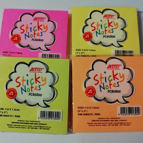 ASTAR Colour Sticky Notes / 便利贴 FC30300 (3"x3") (7.6x7.6cm) (ราคา 1 ชิ้น)