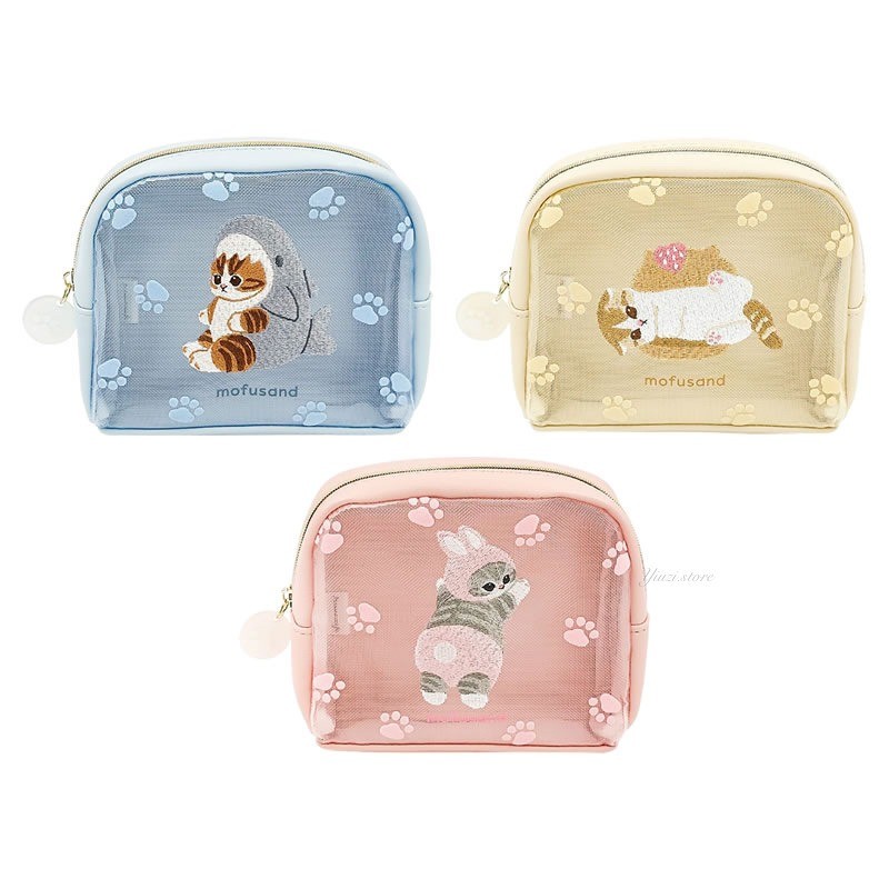 Mofusand Kawaii กระเป๋าเครื่องสําอางตาข่ายสไตล์ญี่ปุ่นปัก Paw พิมพ์กระเป๋าเดินทางสําหรับแต่งหน้า Skincare, สาวน่ารักของขวัญวันเกิด