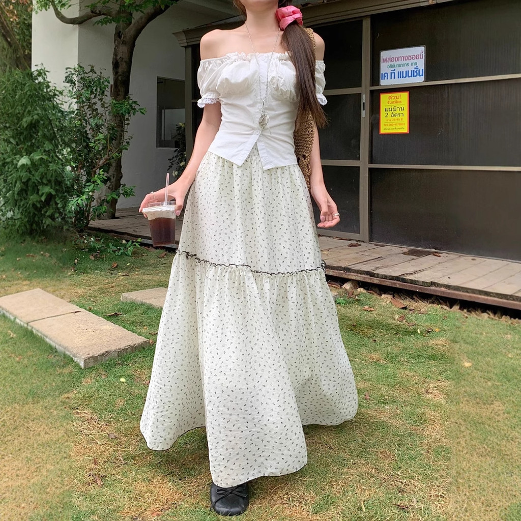 [Ginnie] COD APW กระโปรงดอกไม้สไตล์อ่อนโยนหญิงเอวสูงกระโปรง A-Line กระโปรงเค้กขอบแอปริคอทกระโปรงยาวท