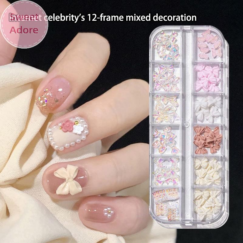 Sweetadore 12 กริดโบว์ตกแต่งเล็บ 3D Aurora Bowknot เรซิ่น Ch เครื่องประดับ DIY ตกแต่งเล็บอุปกรณ์ TH