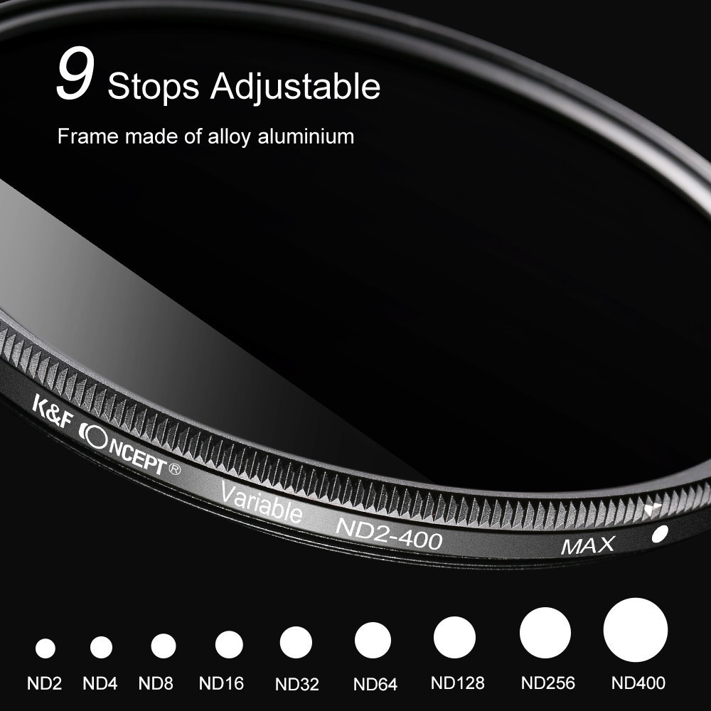 K&F CONCEPT B series 37mm-82mm Ultra-Slim Adjustable ND2-400 Filter พร้อมผ้าทำความสะอาด 3 ชิ้น