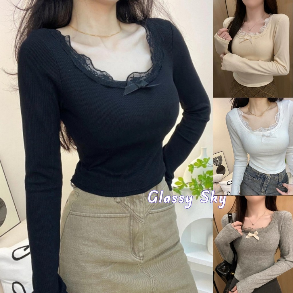 Glassy Sky พร้อมส่ง เสื้อแขนยาวคอกลม สีพื้น ผ้าร่องเล็ก น่ารักคาวาอี้มีฟองน้ำ อ่อนโยน เซ็กซี่(FY714)