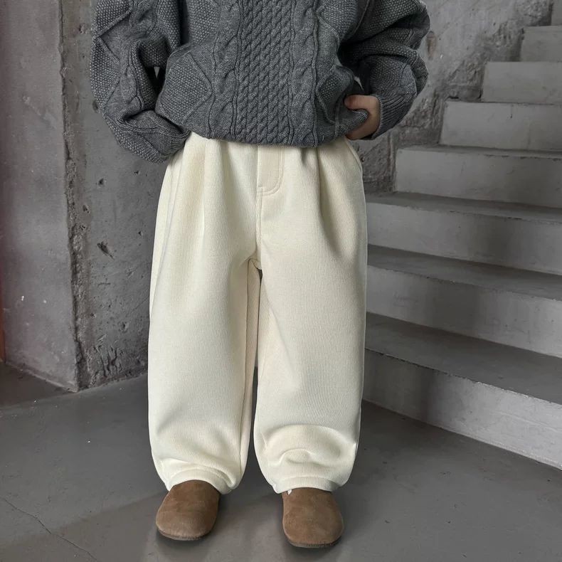 กางเกงผ้าฟลีซเด็กชายฤดูหนาวปี 2024 กางเกงผ้าลูกฟูกเด็กใหม่กางเกงลำลองสีขาว