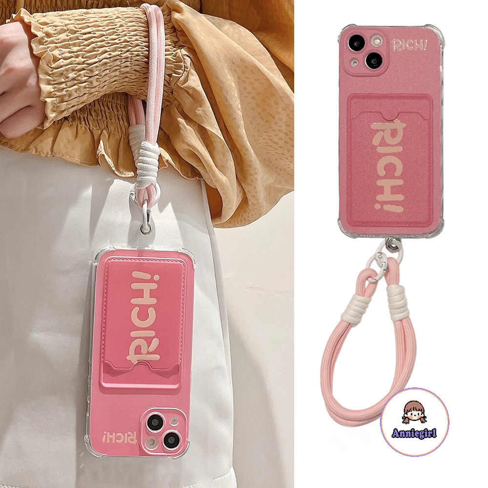 คำง่ายๆ "RICH " ผู้ถือบัตร เคสโทรศัพท์สําหรับ IPhone 11 15 16 Pro MAX 16plus 12 14 13 Promax XS MAX XR 7 8 Plus ไนลอน เชือกเส้นเล็ก เลนส์ป้องกัน ป้องกันการตก TPU นุ่ม โทรศัพท์ปกหลัง