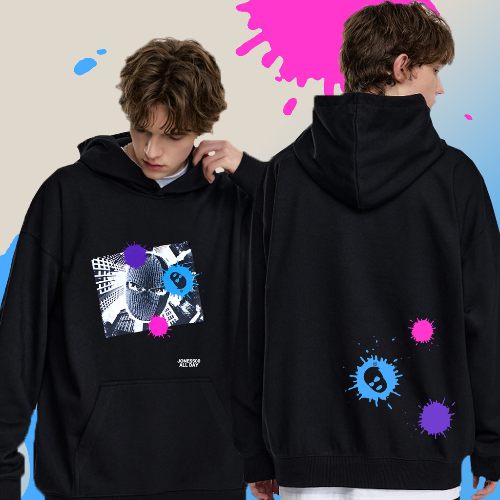 M-3xl เสื้อฮู้ด JONE500 COLLECTION พิมพ์ลาย Hoodie แขนยาวสำหรับผู้ชายและผู้หญิง - ดำ/ขาว/แดง Hoodie