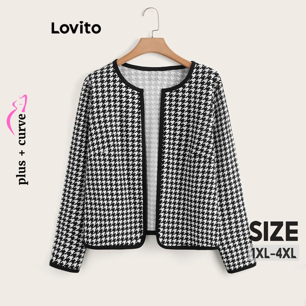 Lovito เสื้อแจ็กเก็ตสาวอวบ เข้ารูป แบบชาแนล ลายฮาวส์ทูธ สไตล์ลำลอง LBL10084