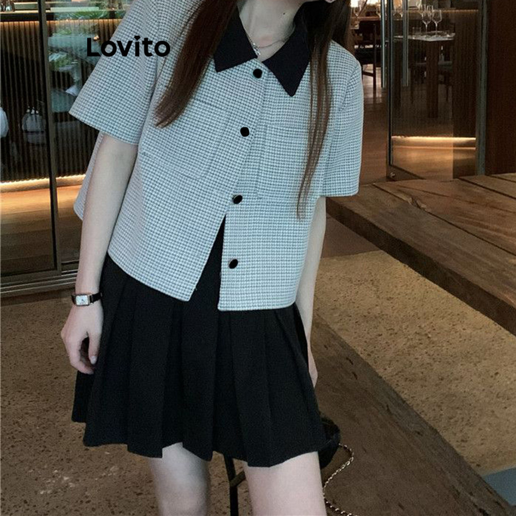 Lovito เสื้อเบลเซอร์ลำลอง สีพื้น กระดุมด้านหน้า คัลเลอร์บล็อค สำหรับผู้หญิง LNE17082 (สีขาว)