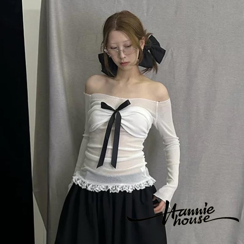 Hanie House- เสื้อครอปลูกไม้ผูกโบว์เปิดไหล่สําหรับผู้หญิง