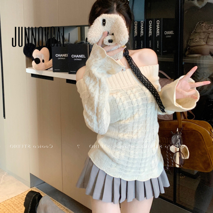 Junnovgal เสื้อยืดผู้หญิง Loose Fit Knit Off Shoulder สีทึบ 2024 แขนยาว
