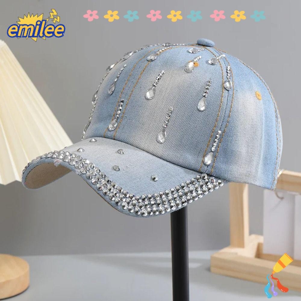 Emilee หมวกเบสบอล Rhinestone,ปรับ Breathable Sequins หมวกกีฬา,เพชร Inlay Sparkle Bling ผู้หญิงผ้าฝ้าย Denim เบสบอลหมวก