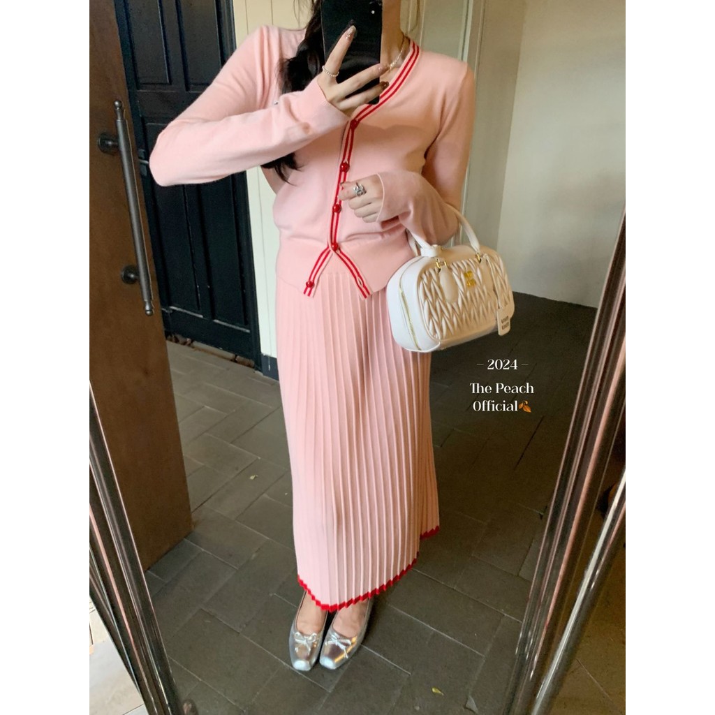 {Subi-Oder}ชุดสูทลําลองแฟชั่นฤดูใบไม้ร่วงใหม่ถักคอวีด้านบน + กระโปรงชุดสองชิ้น