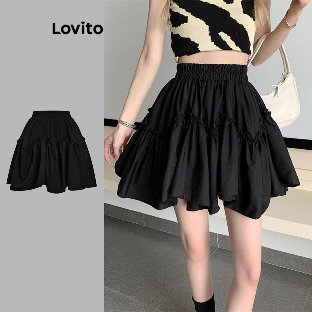 Lovito กระโปรงทรงเรียบง่ายแต่งขอบด้วยลายผักกาดหอมสำหรับผู้หญิง AD1061057