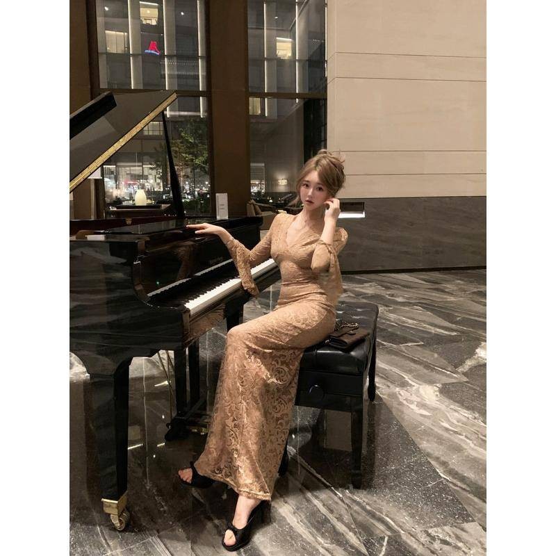 Xyzkuli Retro ชุดลูกไม้สีแดงผู้หญิงฤดูใบไม้ร่วงแขนยาวแคบ-เอว Slim-Fit กระโปรง French Royal Sister อารมณ์สะโพก ราคา ถูกที่สุด ดีลบีเคเค แกลเลอรีภาพที่ 8
