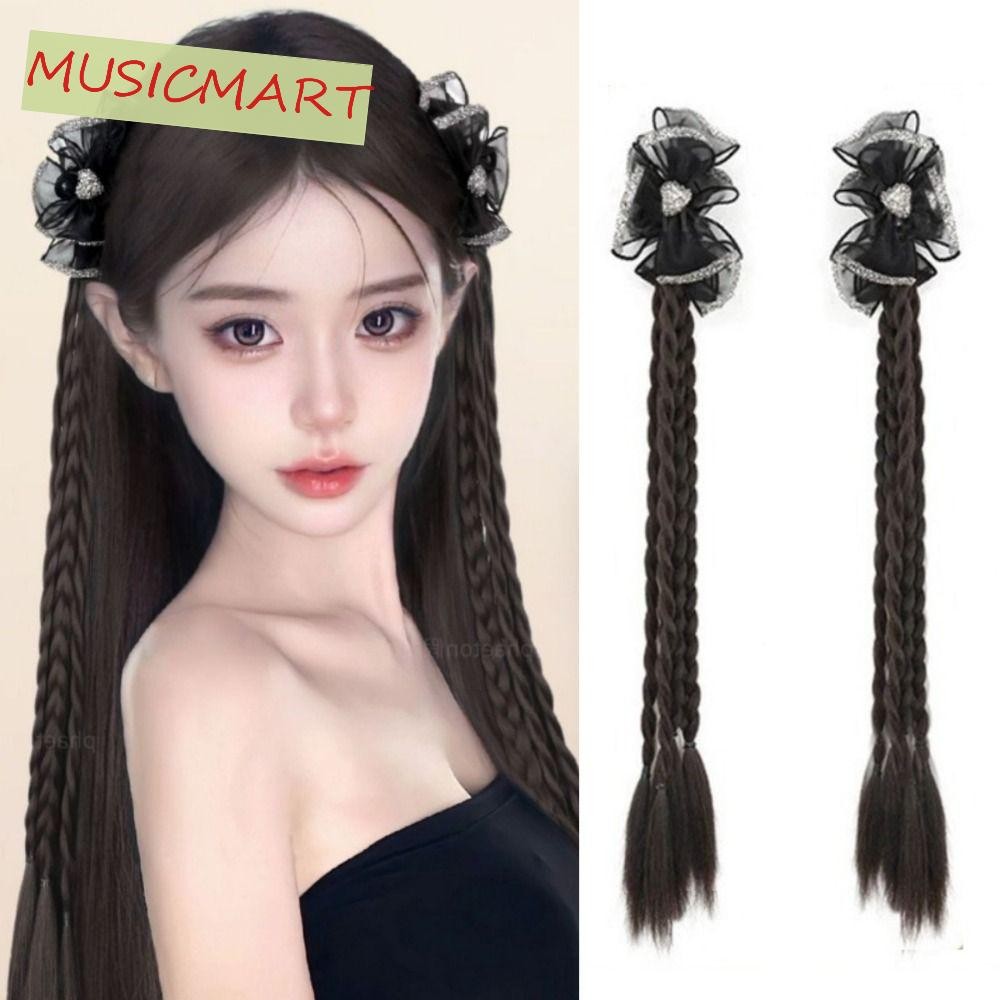 Musicmart 2 ชิ้น สีดํา Bowknot หางม้า, ผม Extension มวย Braided Pony Tail Hairpiece, อุปกรณ์เสริมผมธรรมชาติยาวทนความร้อน Twist Braid วิกผมทุกวัน