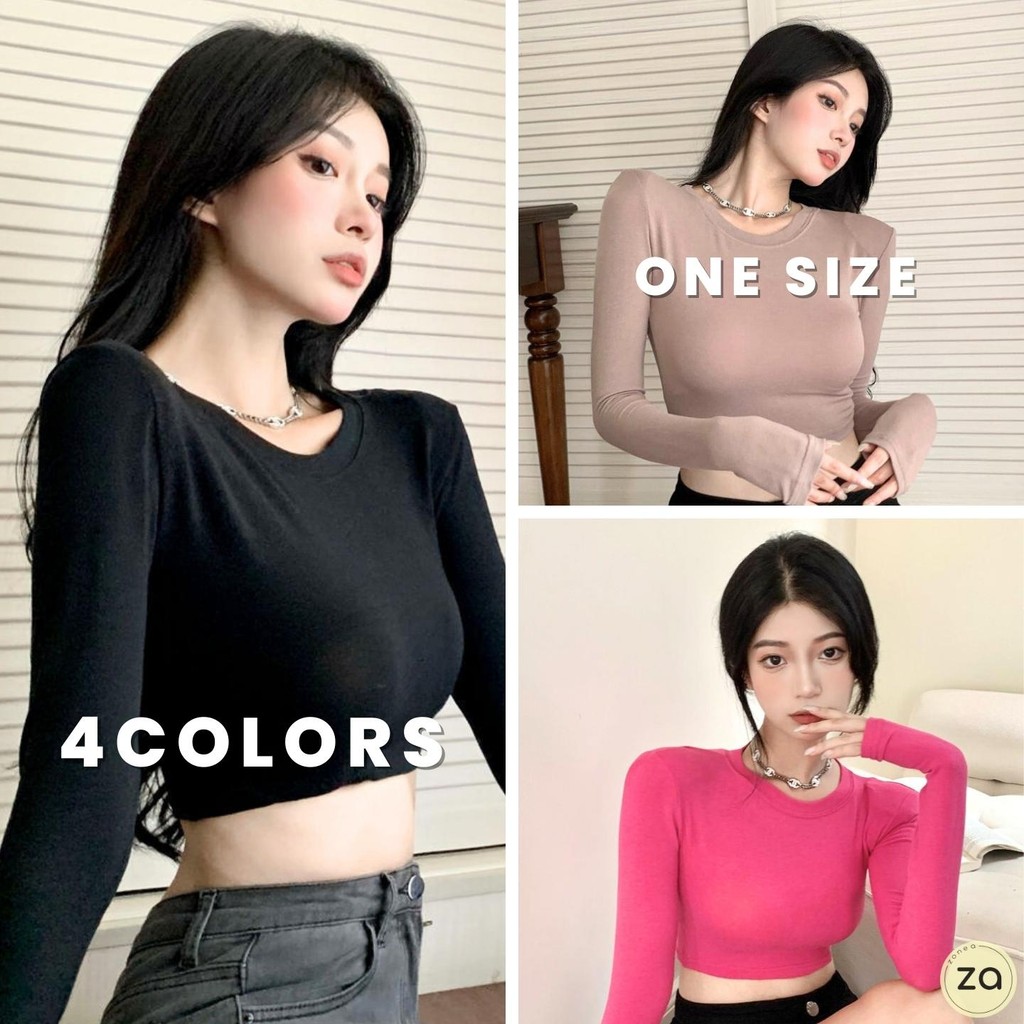 HOT SALE เสื้อยืดแขนยาว ทรงครอป ผ้ายืดๆ 4 สี คอกลม