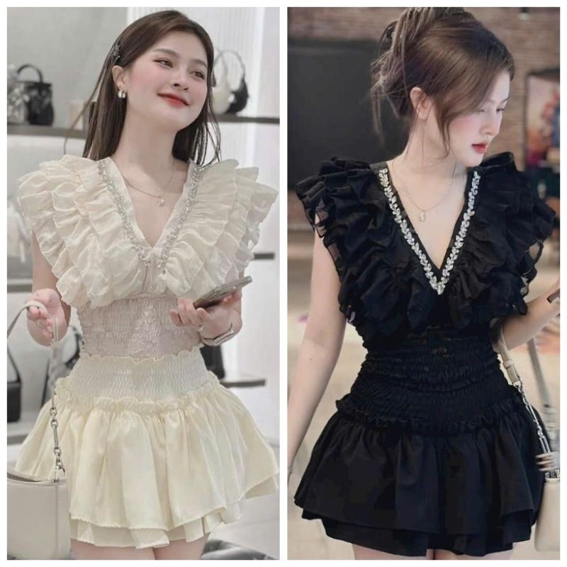เดรสผ้าชีฟองแขนบานสวยมากๆผ้าชีฟองลายดอกนิ่มคอวี แอพลิควาé