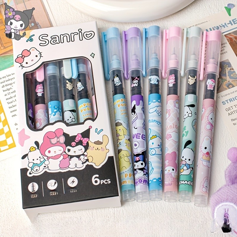 SANRIO 6 ชิ้นการ์ตูน ซานริโอ ตรงปากกาเจลเหลวชุดน่ารัก คุโรมิ มายเมโลดี้แห้งเร็วปากกาหมึกสีดํา 0.5 มิลลิเมตรสํานักงานปากกาลายเซ็น