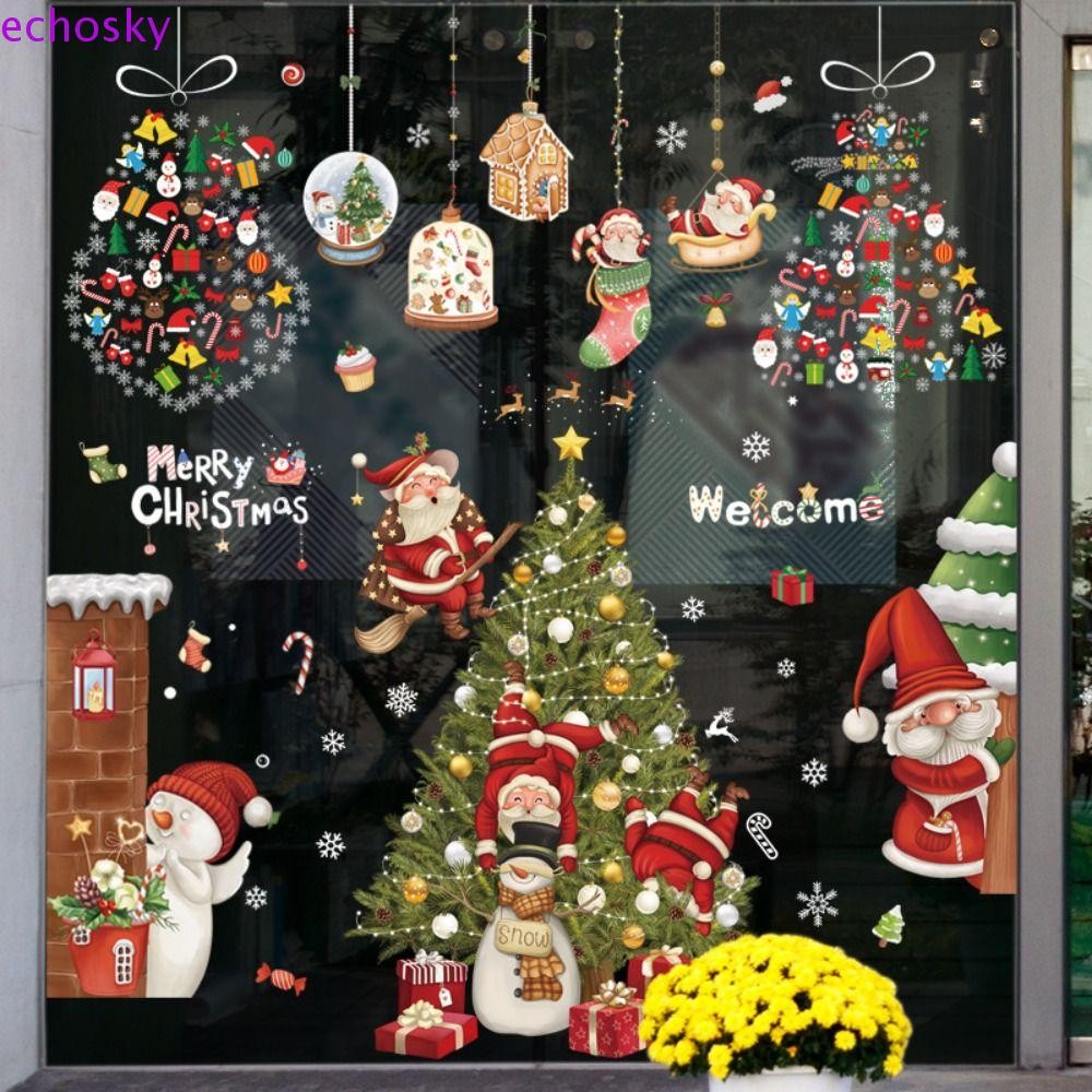 Echosky สติ๊กเกอร์ติดกระจกหน้าต่างคริสต์มาส, PVC DIY Santa Claus Decal, น่ารัก Handmade ที่ถอดออกได้ Self-กาว Snowflake สติ๊กเกอร์ติดผนังปีใหม่
