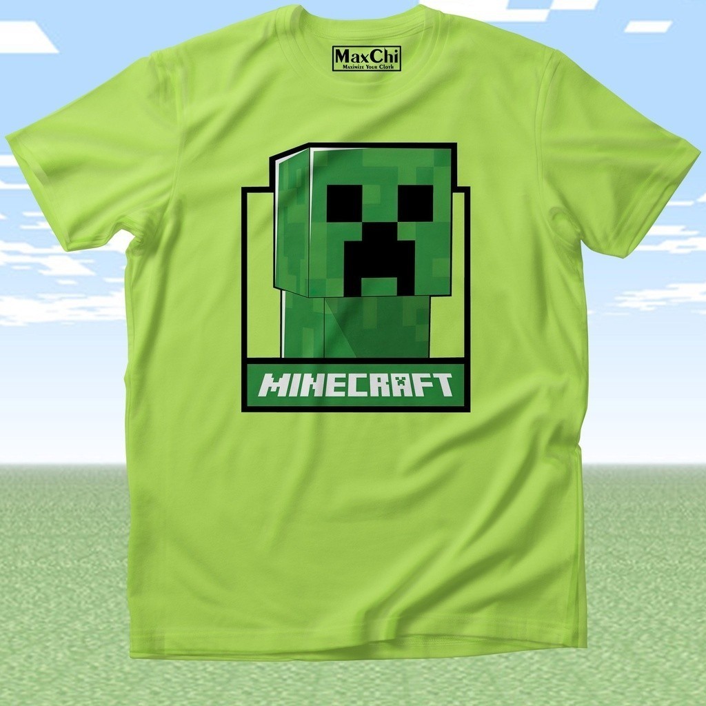[100% Cotton] เสื้อยืด พิมพ์ลาย Minecraft Box สีนีออน สีเขียว สําหรับเด็ก