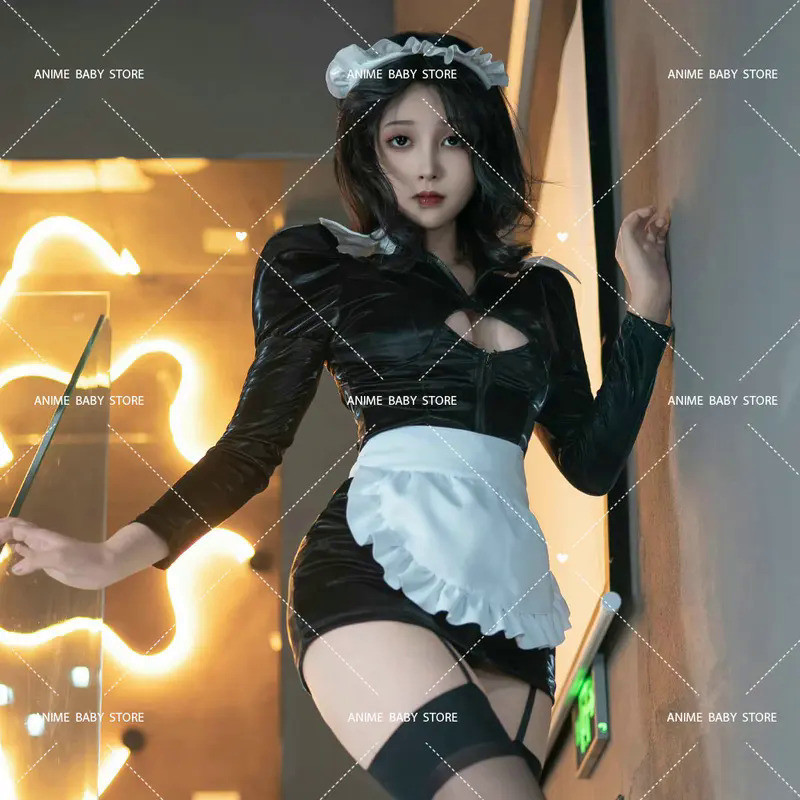 Mn  Original Black White Lolita mature Maid Cosplay Sweet Dress for Geek Girls Halloween Costume Sex