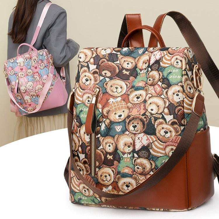 กระเป๋าเป้สะพายหลังหนังนุ่มหมีน่ารักหญิงกระเป๋าเป้สะพายหลังพิมพ์หลายช่อง