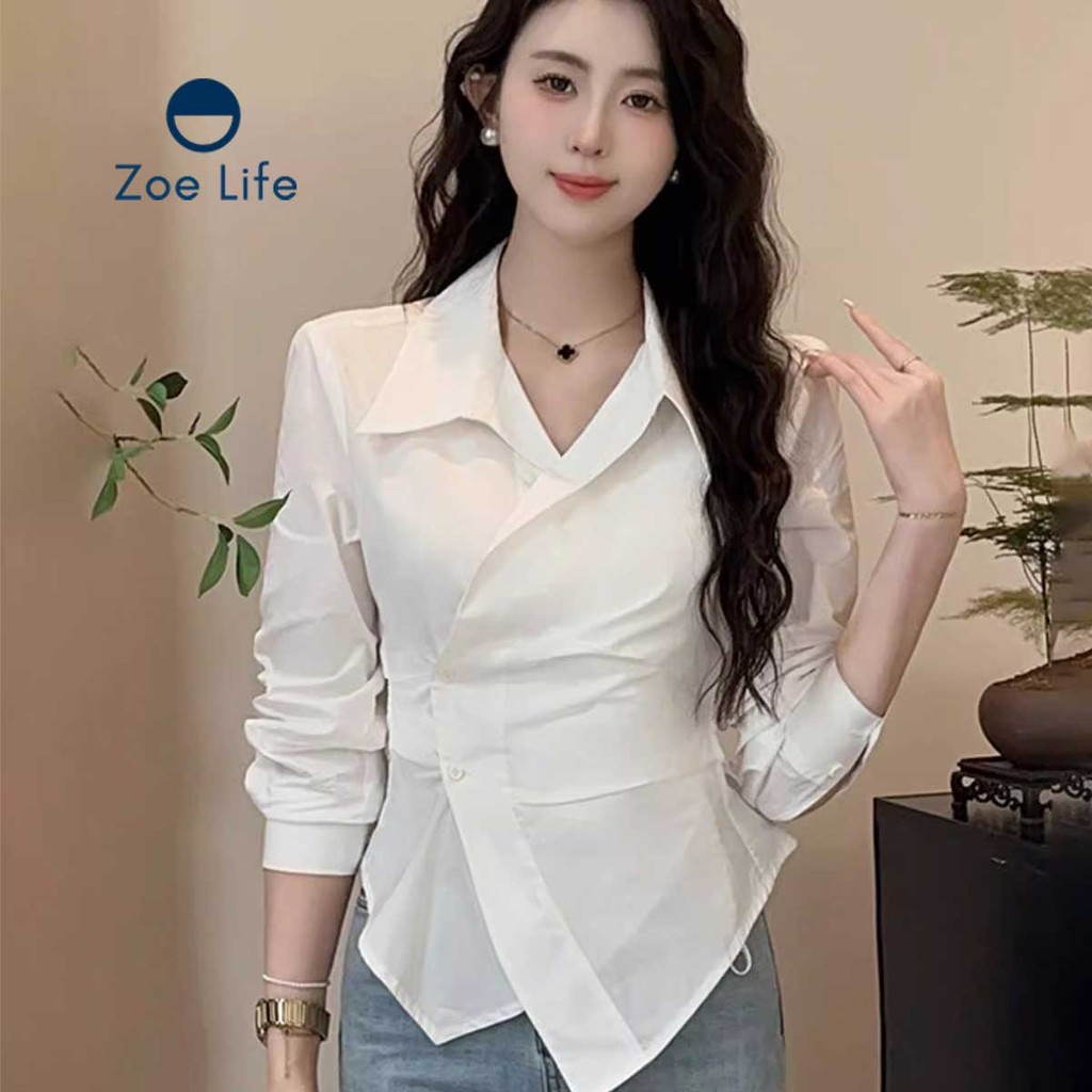 เสื้อเชิ้ตสไตล์ฝรั่งเศสแขนยาว ลายทางสีฟ้า ดีไซน์ทรงเข้ารูป