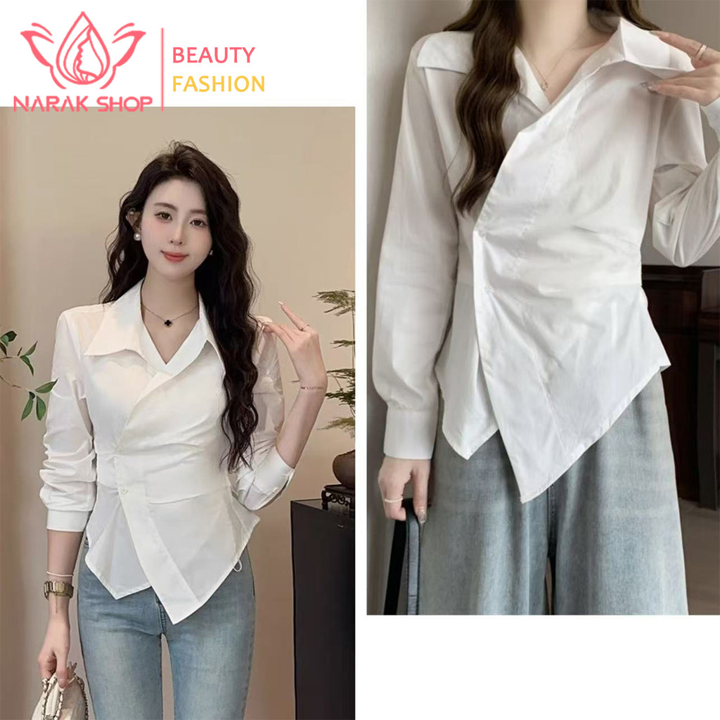 เสื้อเชิ้ตแขนยาวดีไซน์ไม่สมมาตร สีฟ้า ลายทาง สำหรับสาวๆ