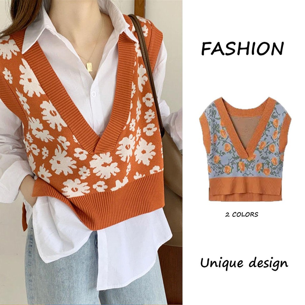 mimi&didi#เสื้อกล้ามถักไหมพรมสําหรับสตรี เสื้อกั๊กสไตล์เกาหลี แขนกุดคอวีลายดอกไม้สีส้มทรงหลวมใส่สบาย สุดนัารัก#0389