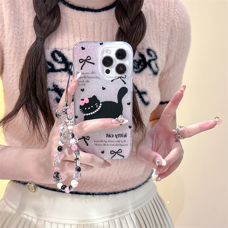 Huiwanju สร้อยข้อมือแมวสีดําแวววาวสําหรับ iphone15proiPhone14promax ฝาครอบป้องกัน 15 ใหม่ 13/12 ป้องกันการตก
