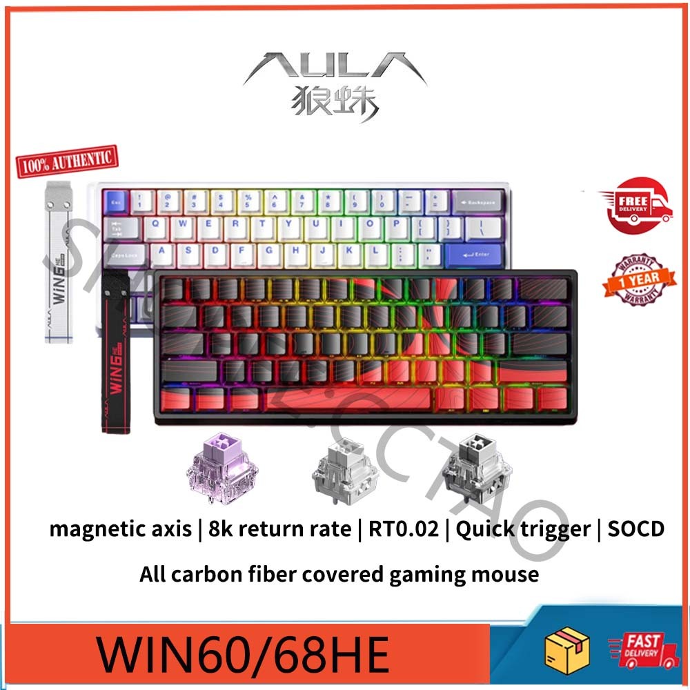 Aula WiN 60/68HE คีย์บอร์ดแกนแม่เหล็กแบบมีสายสําหรับเล่นเกม, อัตราคืน 8K, รองรับการแลกเปลี่ยนร้อน,RT0.02, SOCD, บอร์ดตําแหน่งโลหะ RGB คีย์บอร์ดเกม